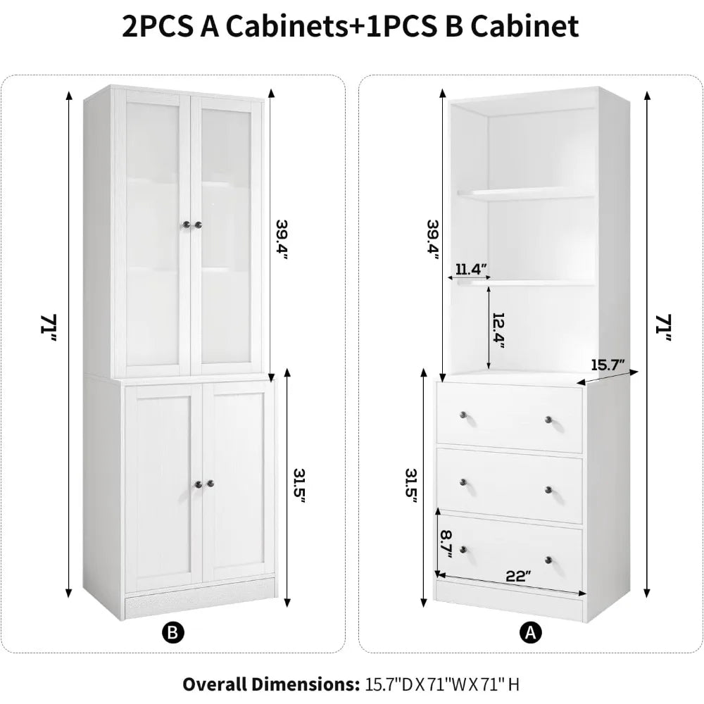 Vertical File Cabinet, 3-Tier with  Large Drawer, Wood with Open Storage Shelf, Glass Doors, Adjustable Shelves, Office Cabinet