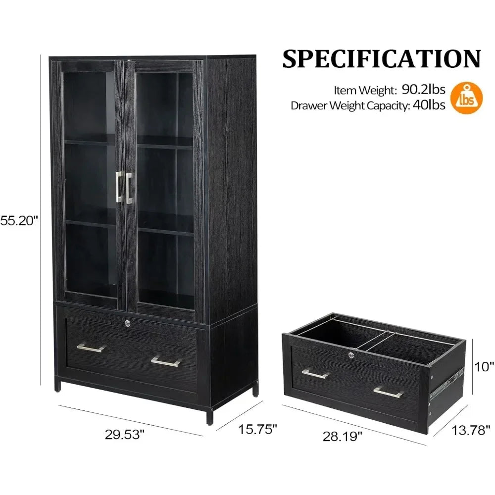 Lateral File Cabinet with Glass Doors and Locking Drawer,Bookshelf with Adjustable Shelves Hanging File Folders,Office Cabine